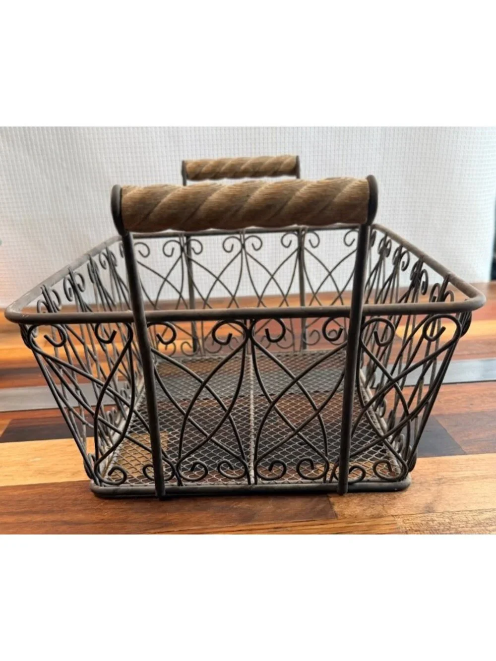 Vintage Rustic Wire Scroll Storage Basket Primitives wood handles